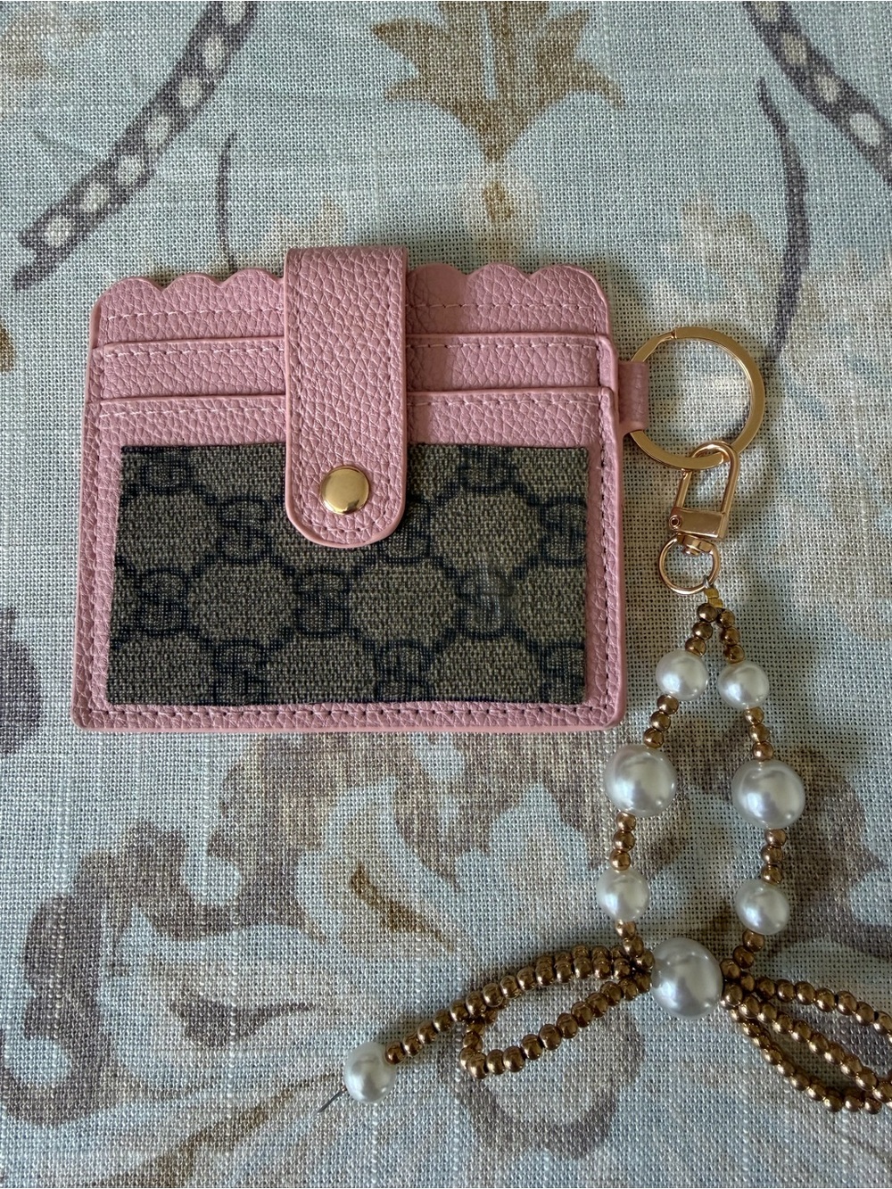 Source Unknown - Upcycled Leather Monogram Card Holder with Pearl Key Charm